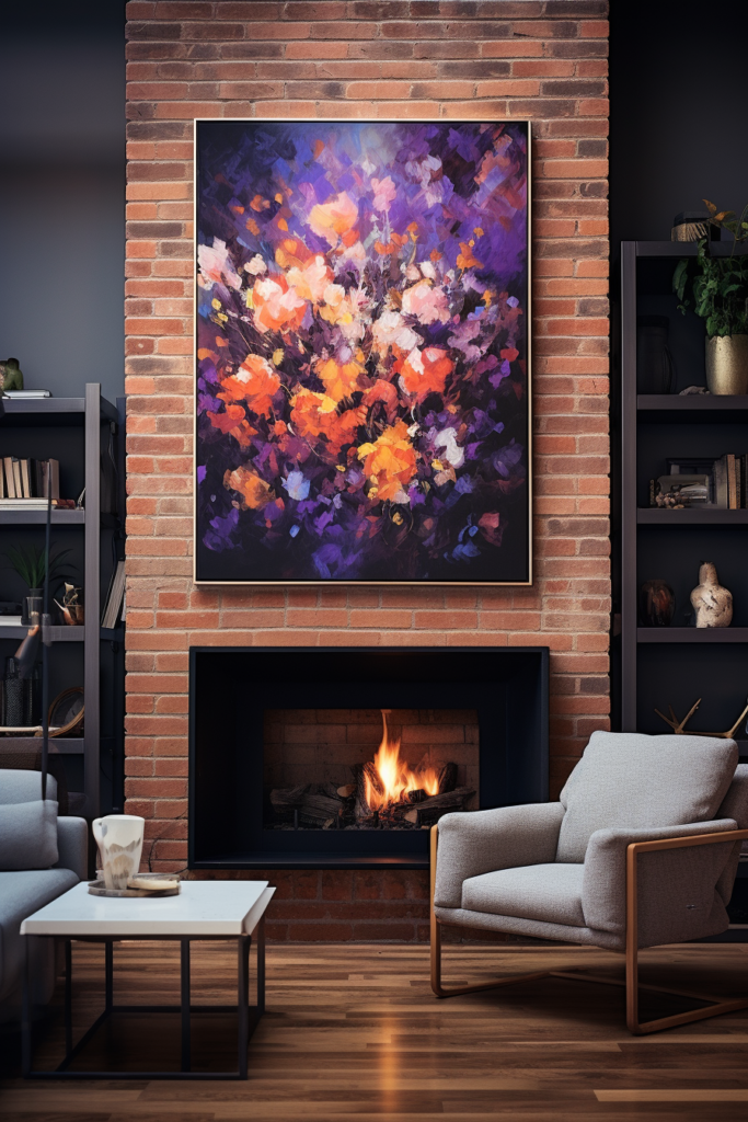 An abstract painting, serving as large wall art, hangs above a fireplace in a living room with modern interior design.