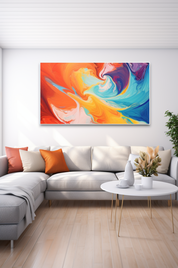 A modern interior design showcases a large wall art painting above a couch in a living room.