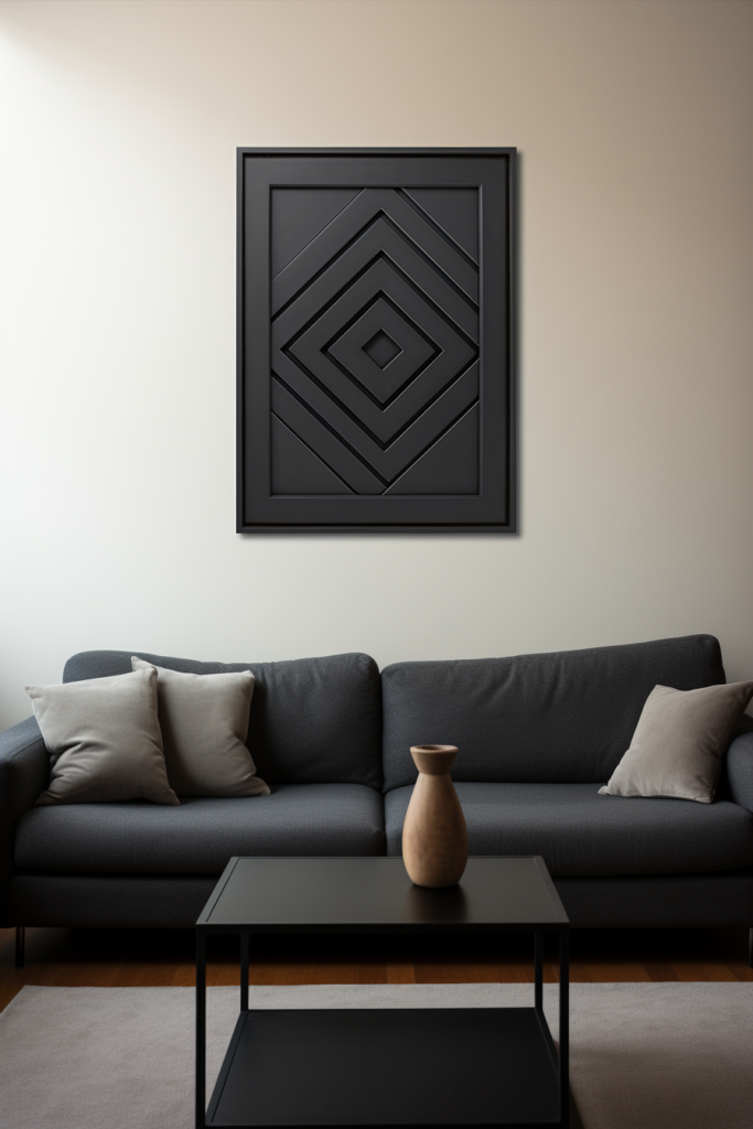 A modern living room with a large black geometric wall art.