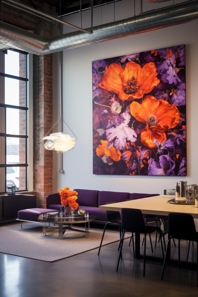 A modern interior design featuring a large wall art painting.
