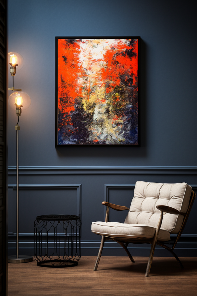 A large abstract painting complements the modern interior design of a room, as it hangs above a chair.