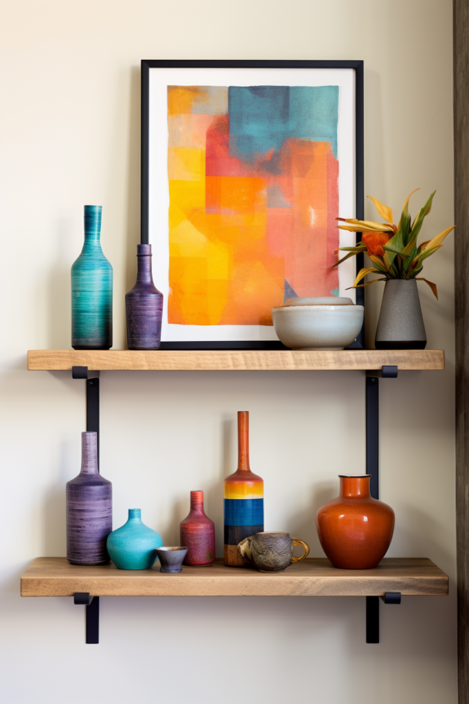 A modern wooden shelf adorned with large wall art paintings.