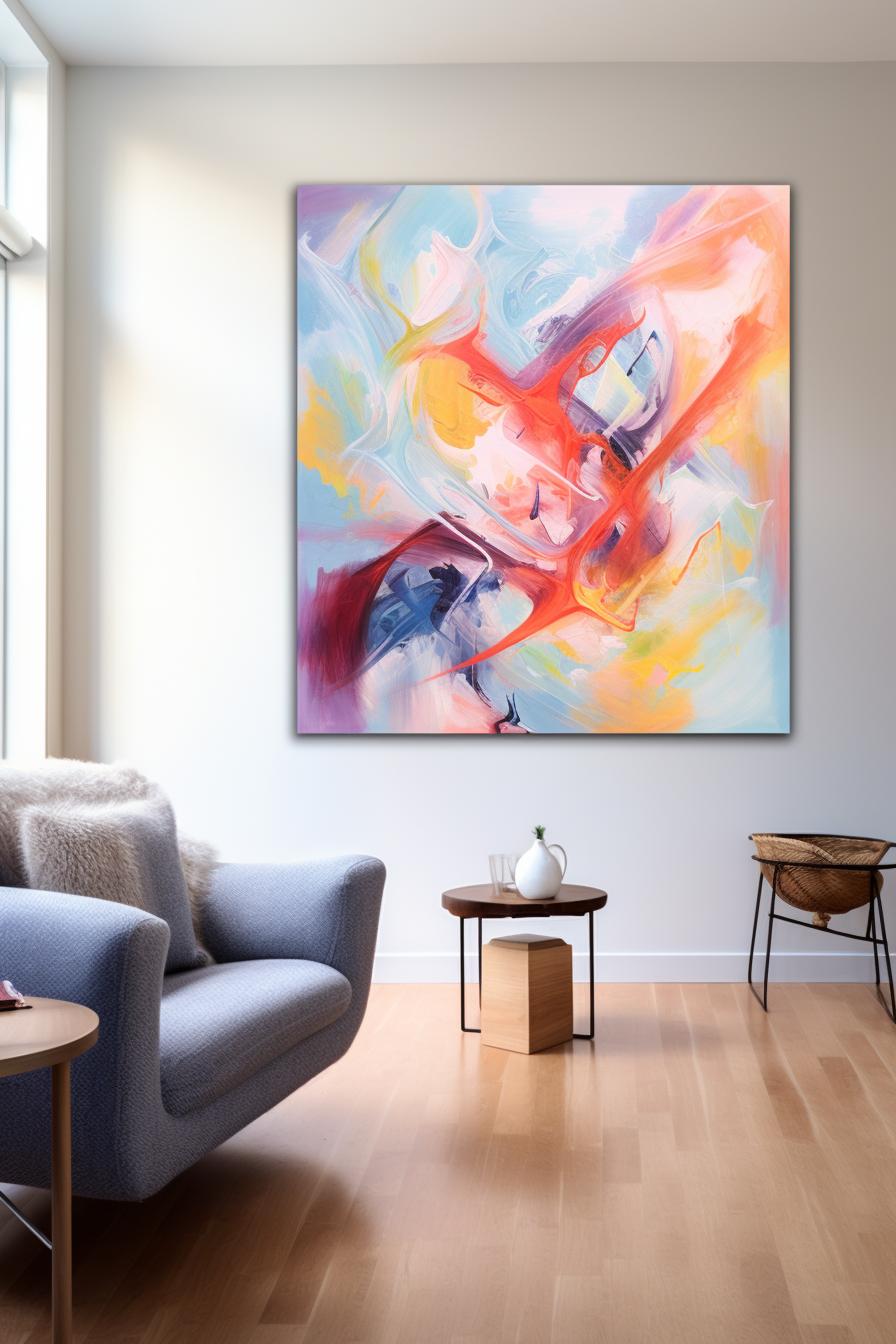 A large abstract painting hangs above a couch, creating a modern interior design in the living room.