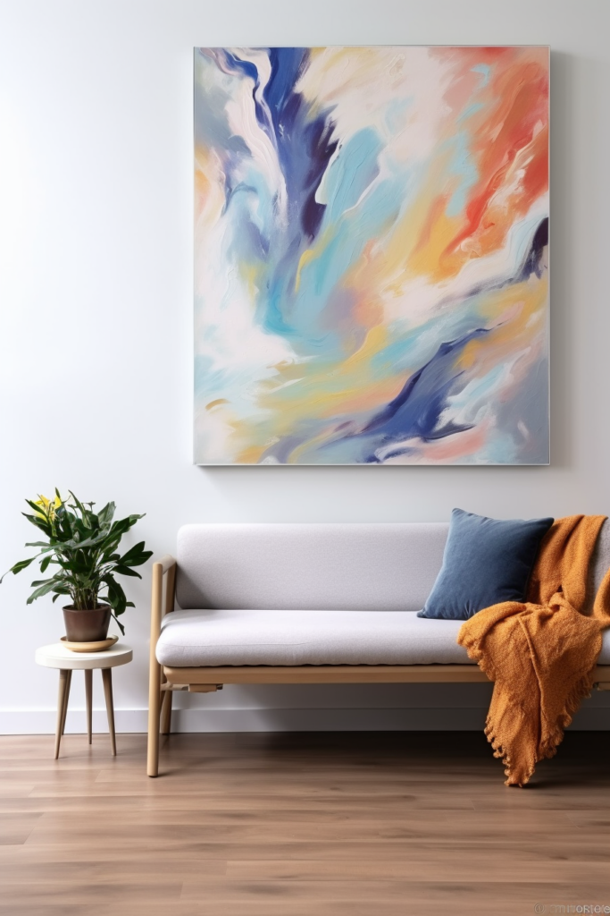 A modern interior design is enhanced by a large wall art that hangs above a couch in the living room.
