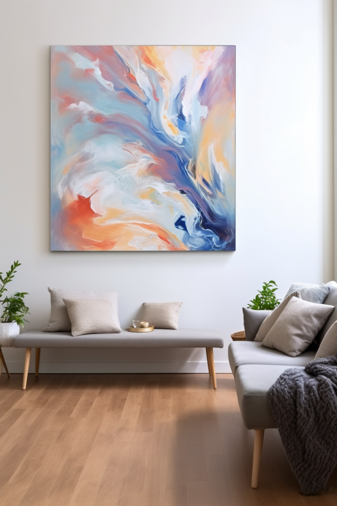 A large abstract painting enhances the modern interior design of a living room, where it hangs above a comfortable couch.
