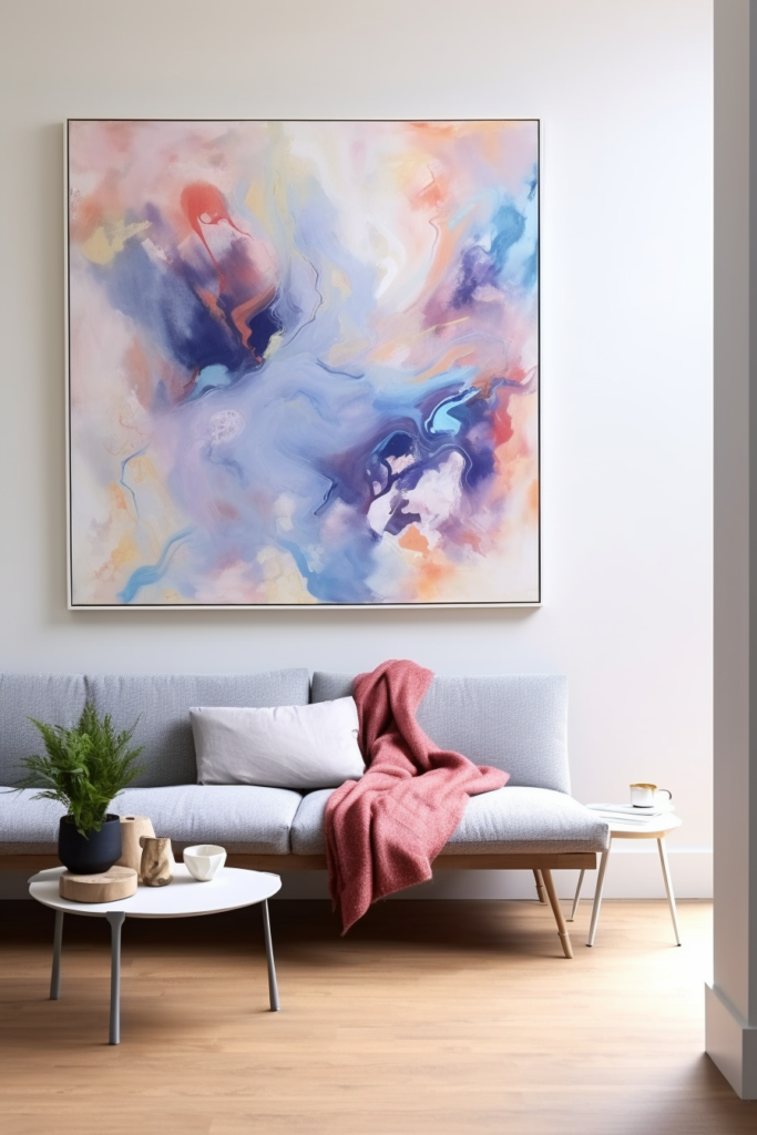 A modern interior design is enhanced by a large abstract painting hanging above a couch in the living room.