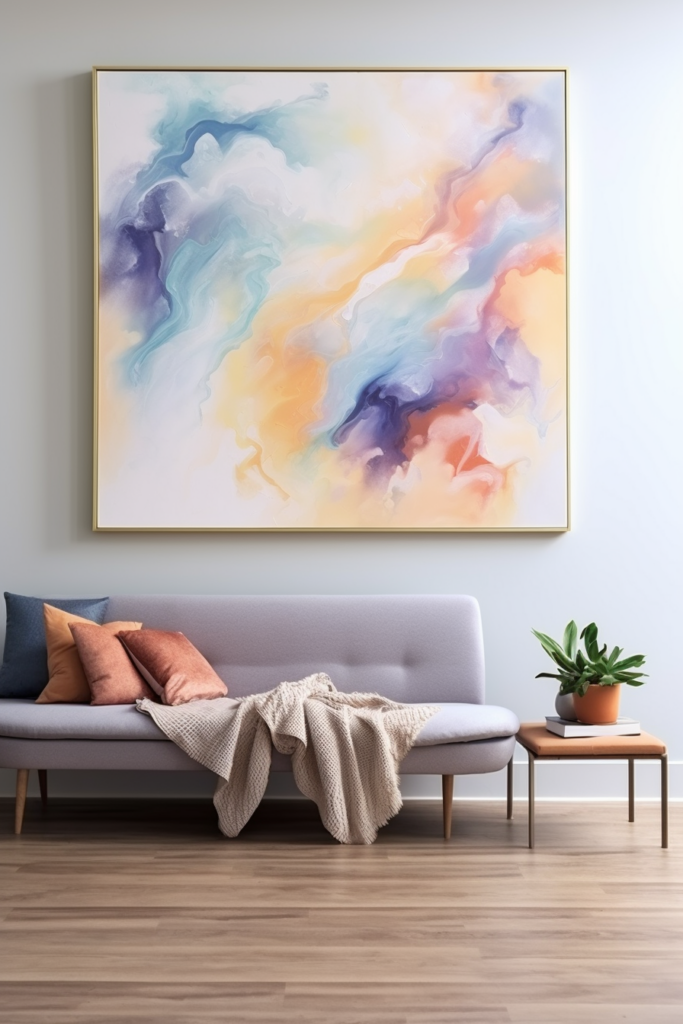 A large wall art painting hangs above a couch in a modern interior designed living room.