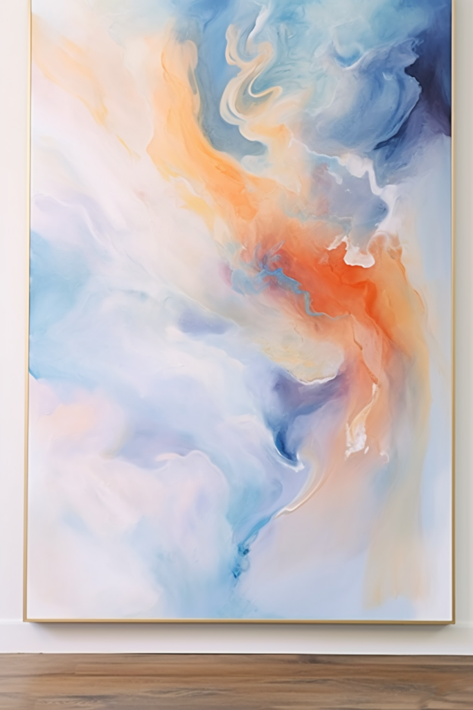 A large abstract painting with blue, orange, and yellow colors. Perfect for modern interior design.
