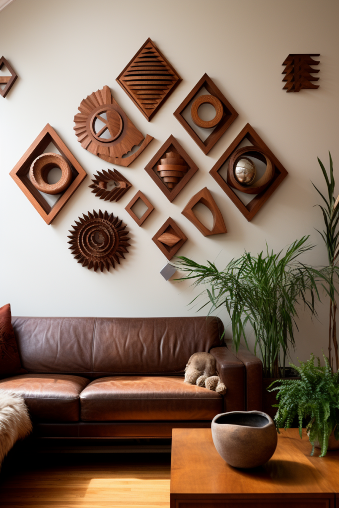 A living room with a brown couch and Large Wood Wall Art for a timeless interior design.