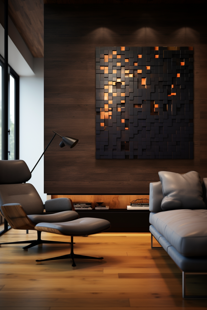 A living room with a large wood wall art, a couch and a chair, showcasing a timeless interior design.