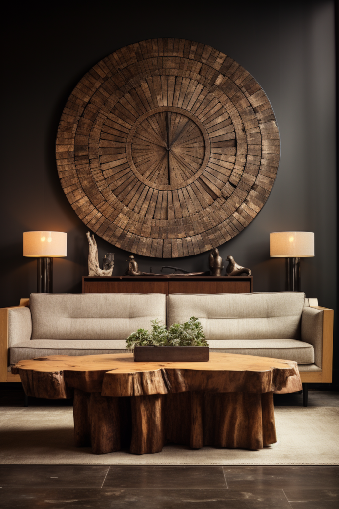 An interior design centerpiece featuring a large wooden table in a living room, beautifully complemented by large wood wall art.