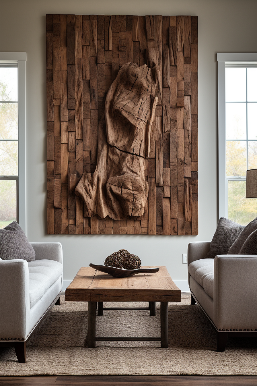 A living room with a timeless wood wall art.