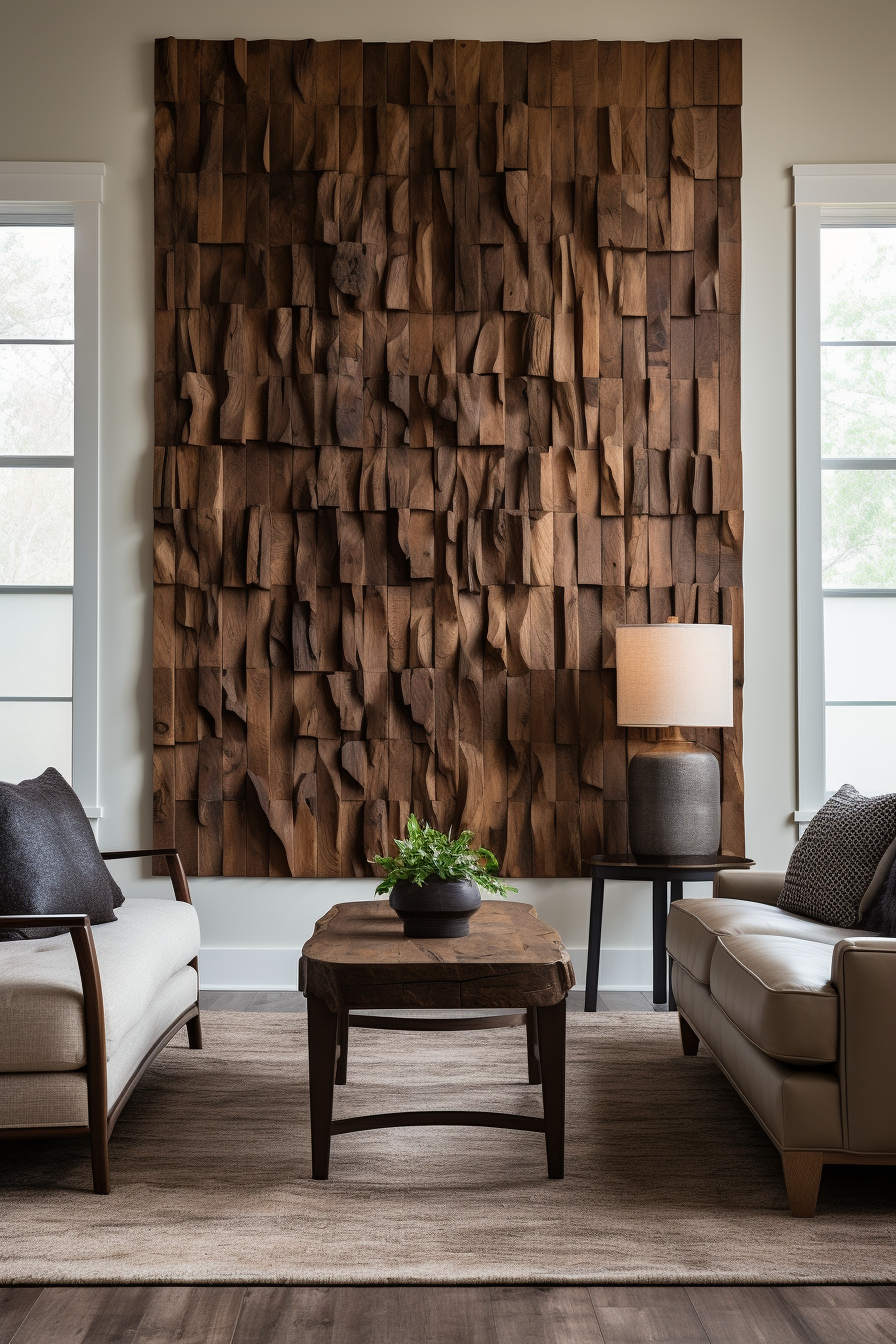 A living room with timeless interior design featuring a large wood wall art piece.