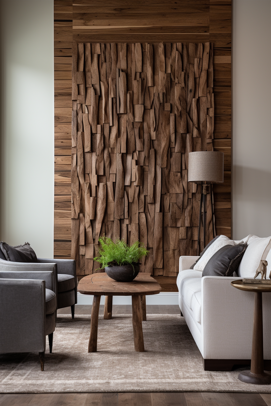 A living room with a timeless interior design featuring a large wood wall art.