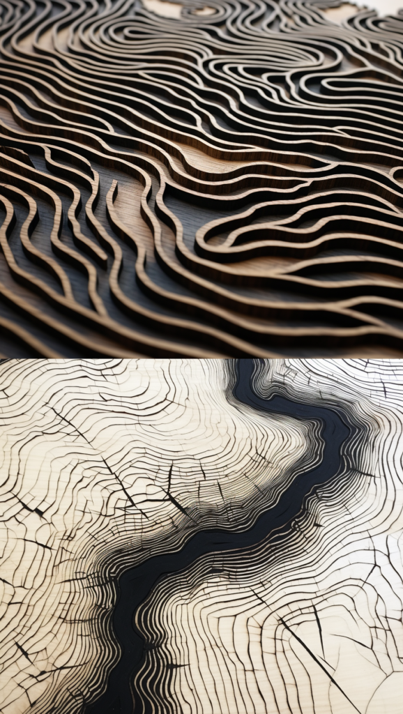 A collection of Large Wood Wall Art depicting a river and a mountain, perfect for creating a Timeless Interior Design.