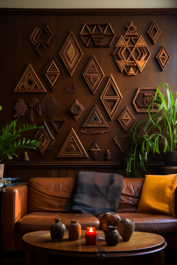 A large brown couch in a living room with wood wall art.