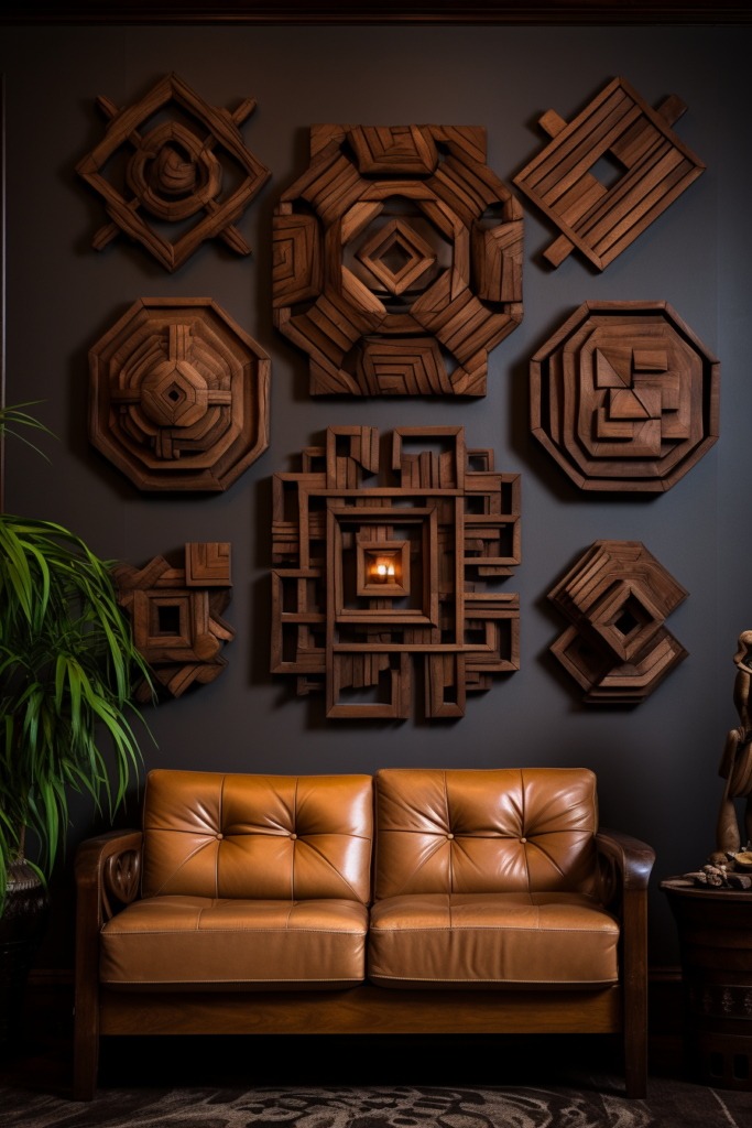 A timeless living room with a large wood wall art piece and a leather couch.
