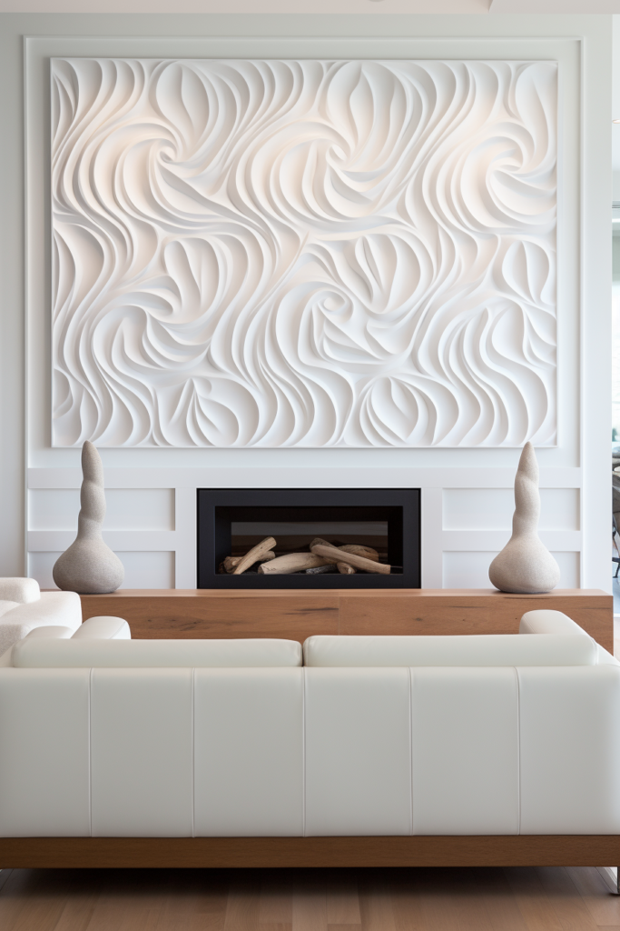 A white living room with a fireplace and large wood wall art.