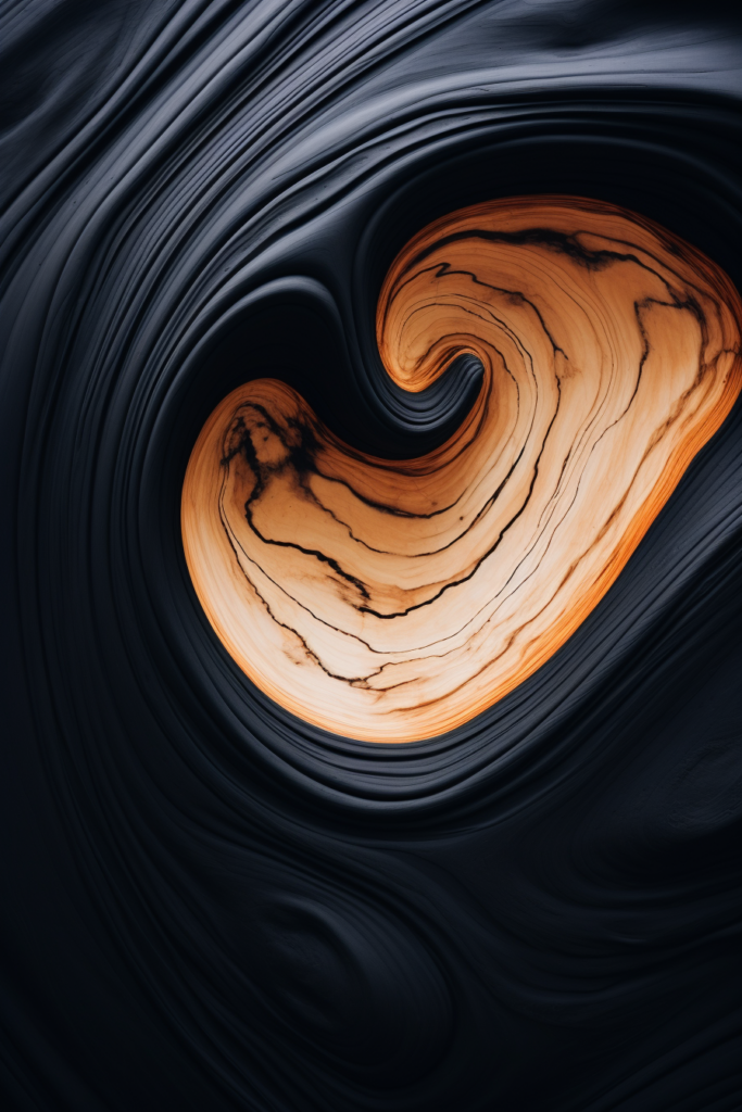 A large wood wall art featuring a black and orange swirl design on a black background.