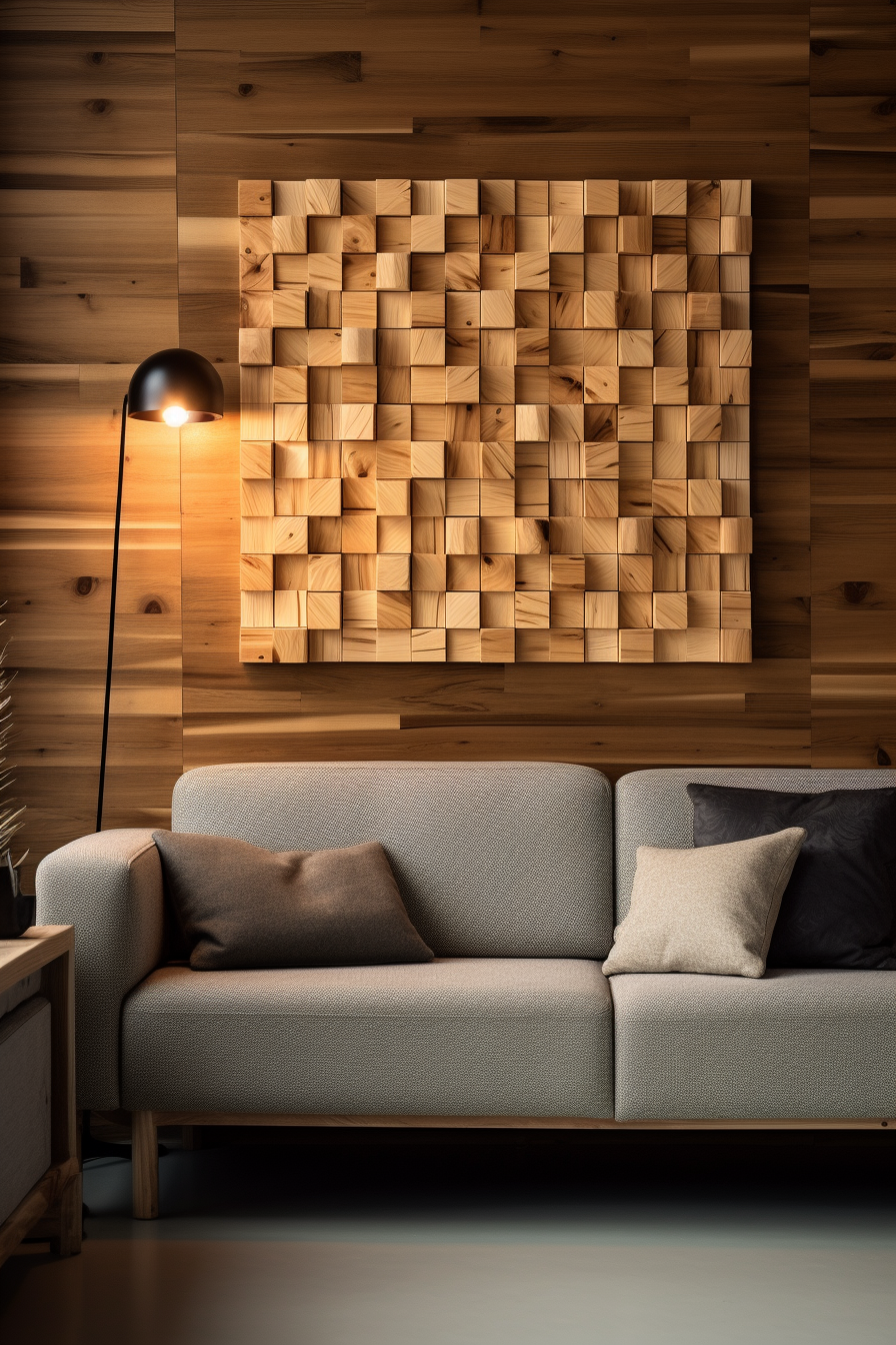 A living room with large wood wall art and a couch, creating a timeless interior design.