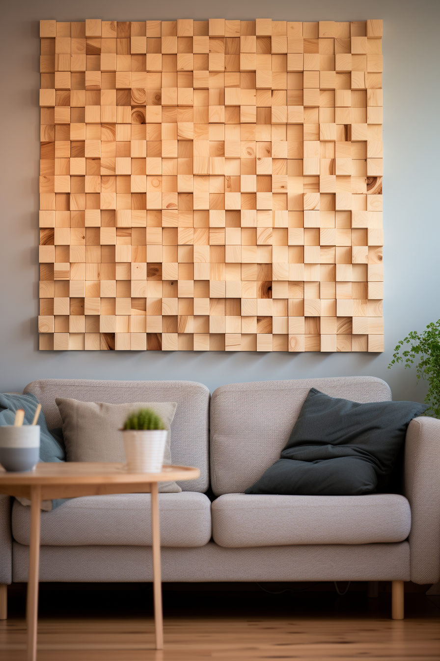 A large living room with a timeless wood wall art.