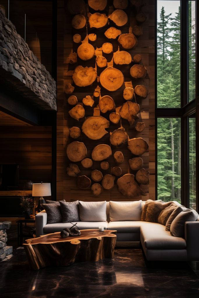 A living room featuring large wood wall art, creating a timeless interior design.