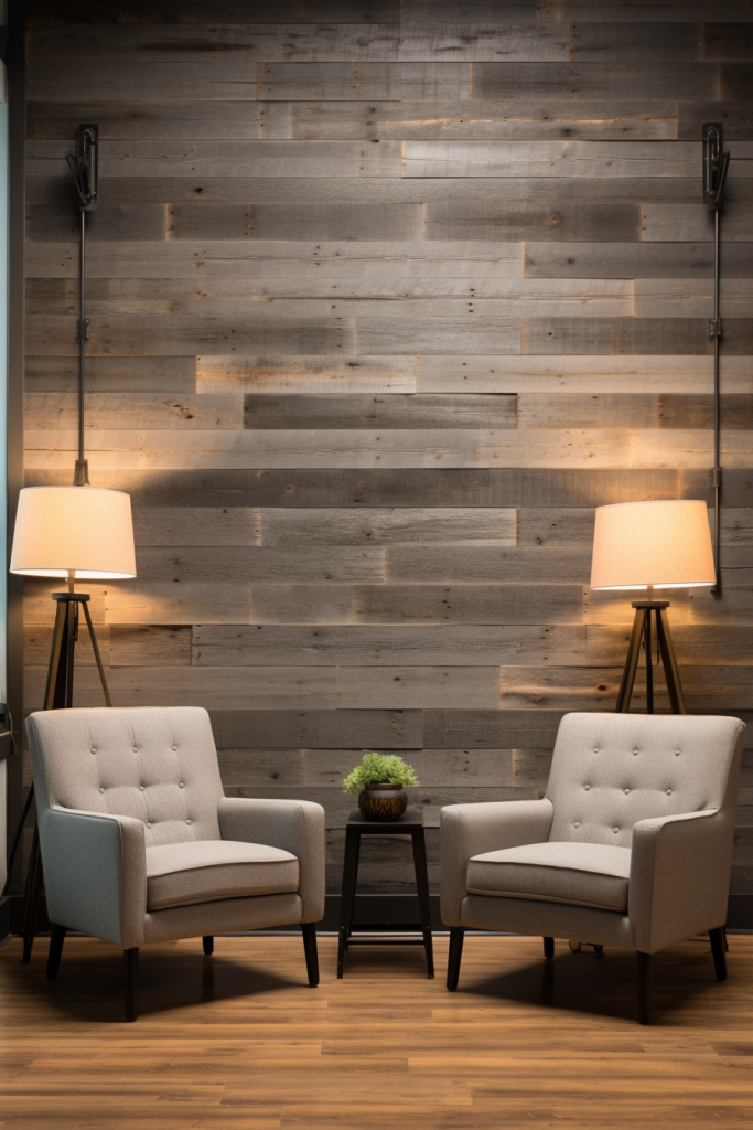 Two large chairs in front of a timeless wood wall, adorned with a stunning wood art piece.
