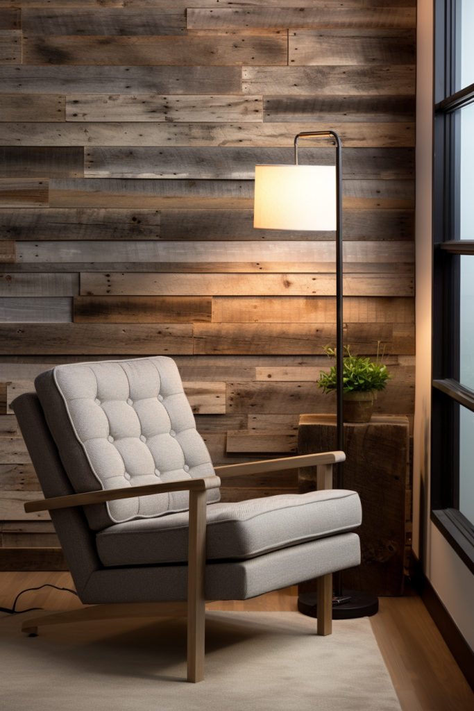 A timelessly designed chair sits gracefully next to a stylish lamp, complemented by a large wood wall art piece.