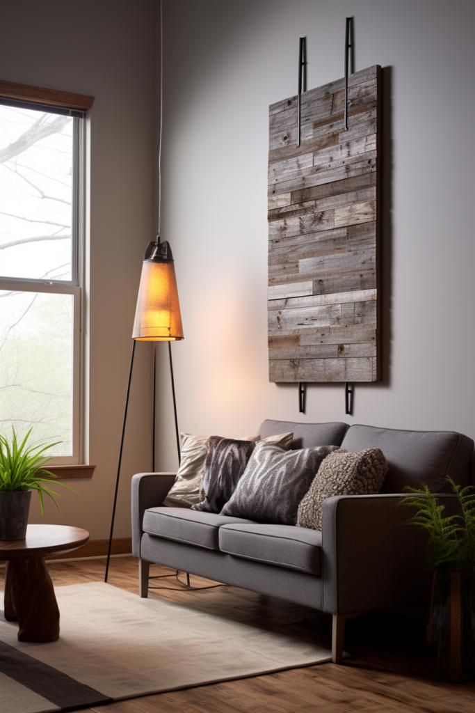 A living room with a gray couch and a large wood wall art, creating a timeless interior design.