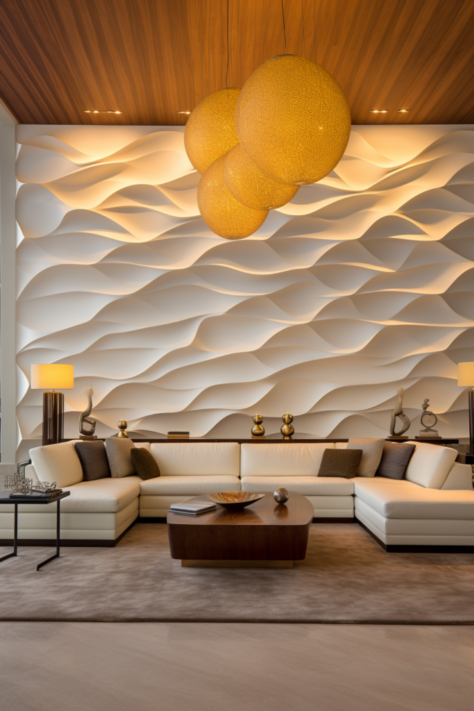 A modern living room with a Large Wood Wall Art and a wavy wall.