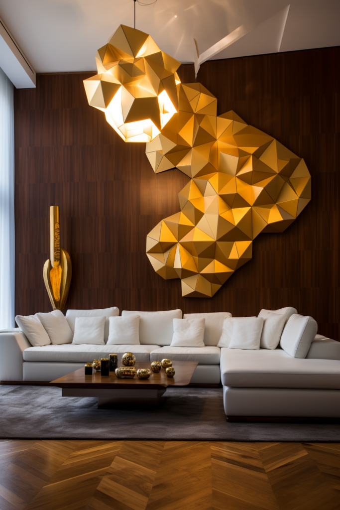A living room with a large gold geometric wall art made of wood.