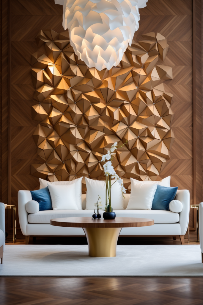         A modern living room featuring a large wooden wall art.