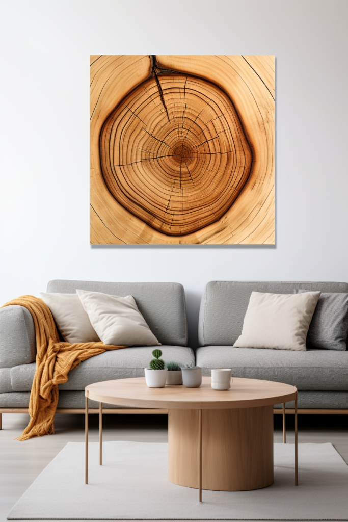 A timeless living room with a large canvas print of a tree trunk.
