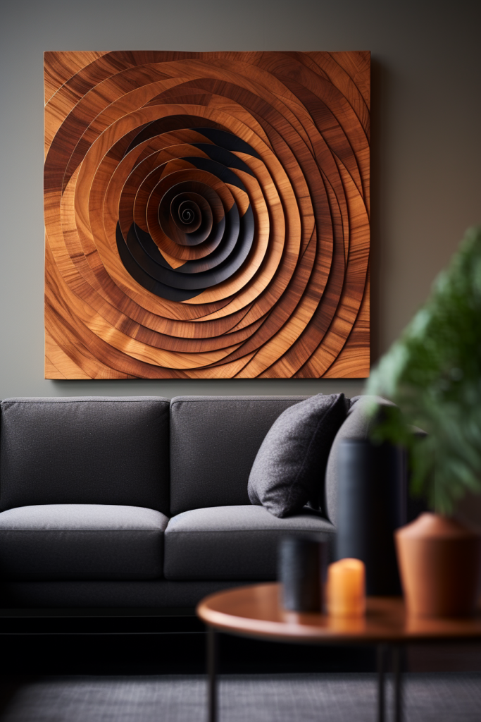 A modern living room with a large wooden spiral wall art, showcasing timeless interior design.