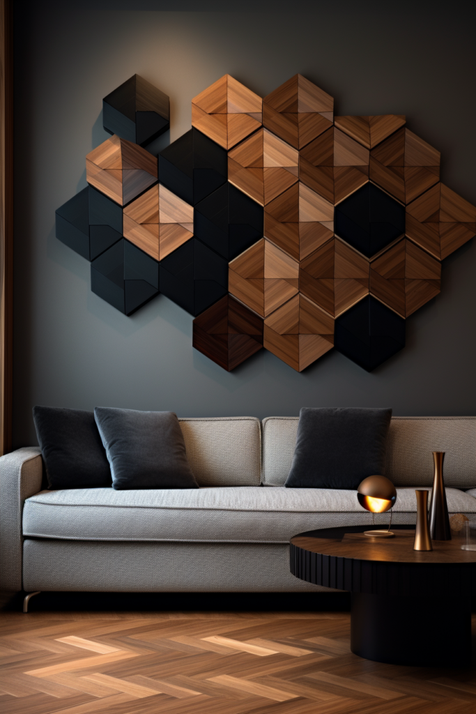 A timeless living room with a large wall of wooden hexagons, creating wood wall art.