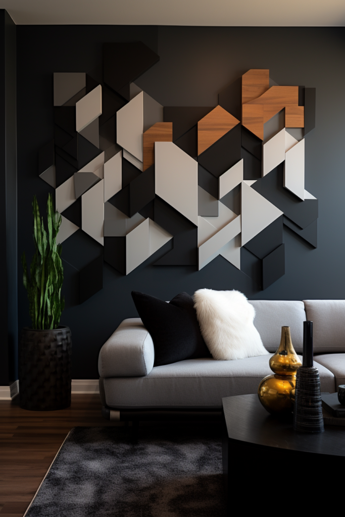 A black and white living room adorned with geometric wall art, creating a timeless interior design.