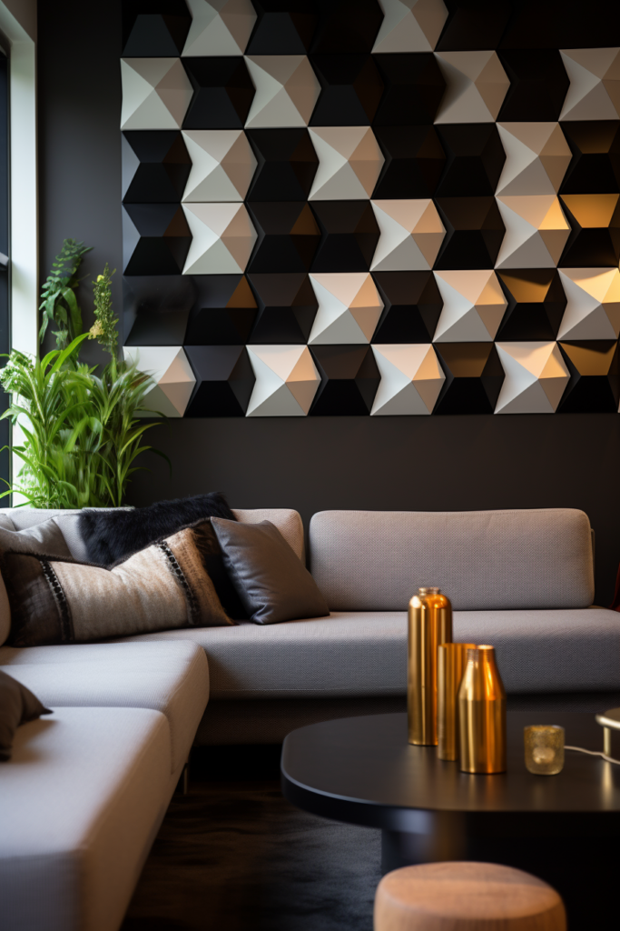 A timeless black and white living room adorned with large geometric wall panels.