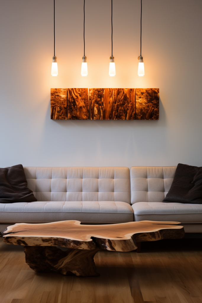 A timeless white couch in a living room with wood wall art.