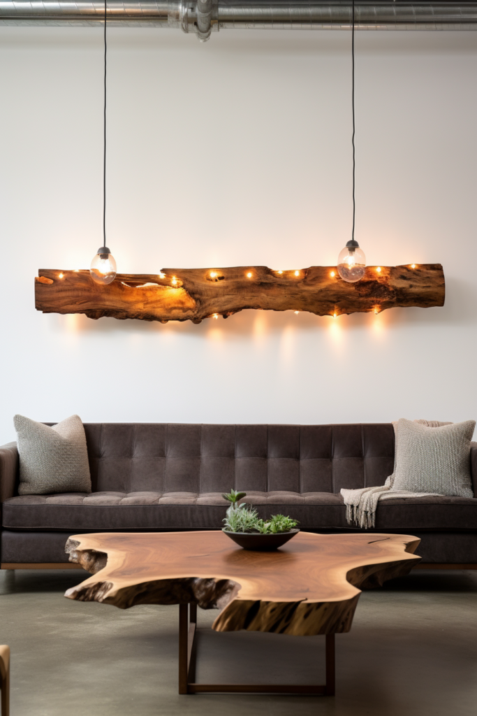 A living room with a large wood wall art of a tree branch hanging above a couch.
