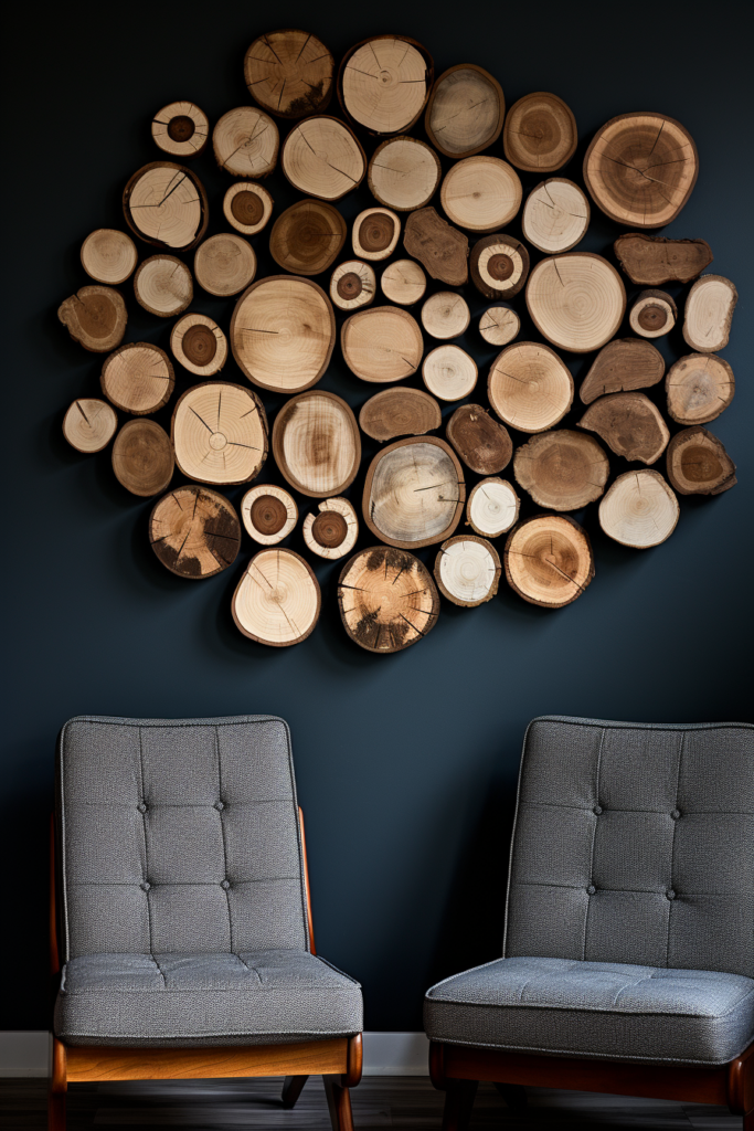 A room with chairs and a large wall filled with wood slices, serving as captivating wood wall art.