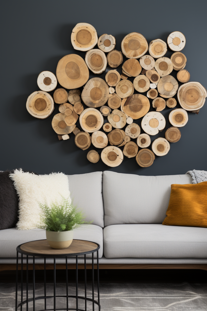 A living room with Large Wood Wall Art on the wall.