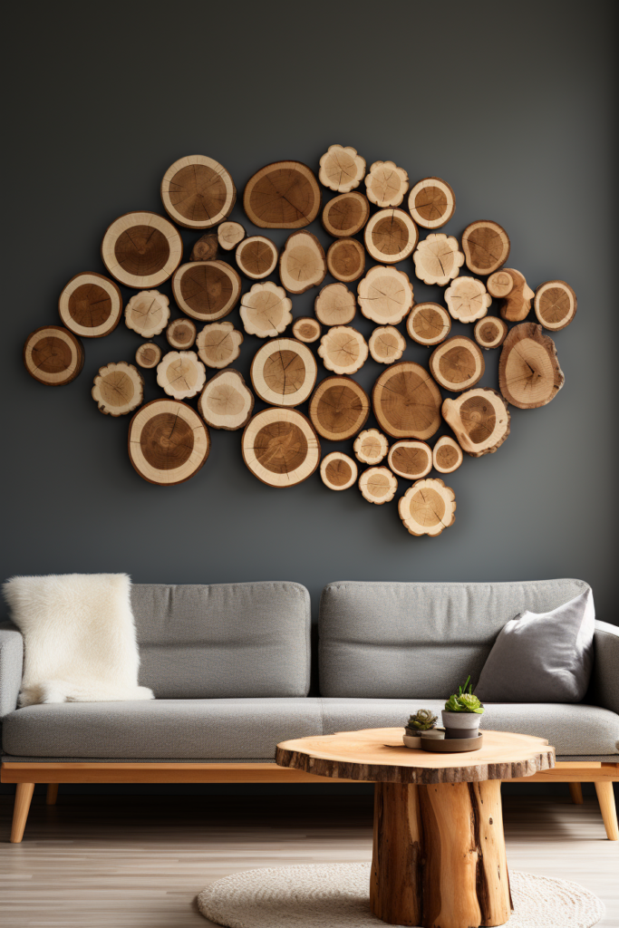 A timeless living room adorned with large wood wall art.