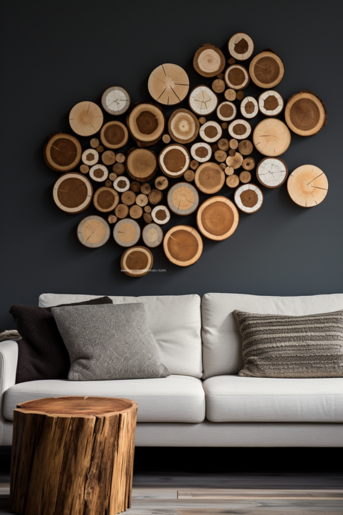 A timeless living room with a large wood wall art.