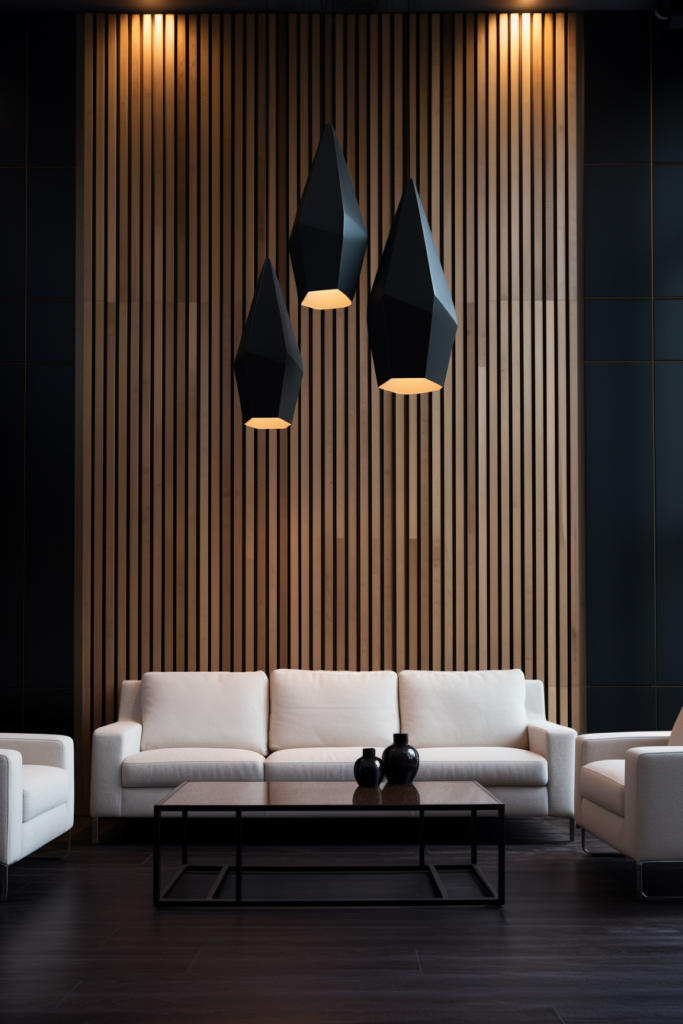 An elegant living room featuring a black wall and adorned with large wood wall art.