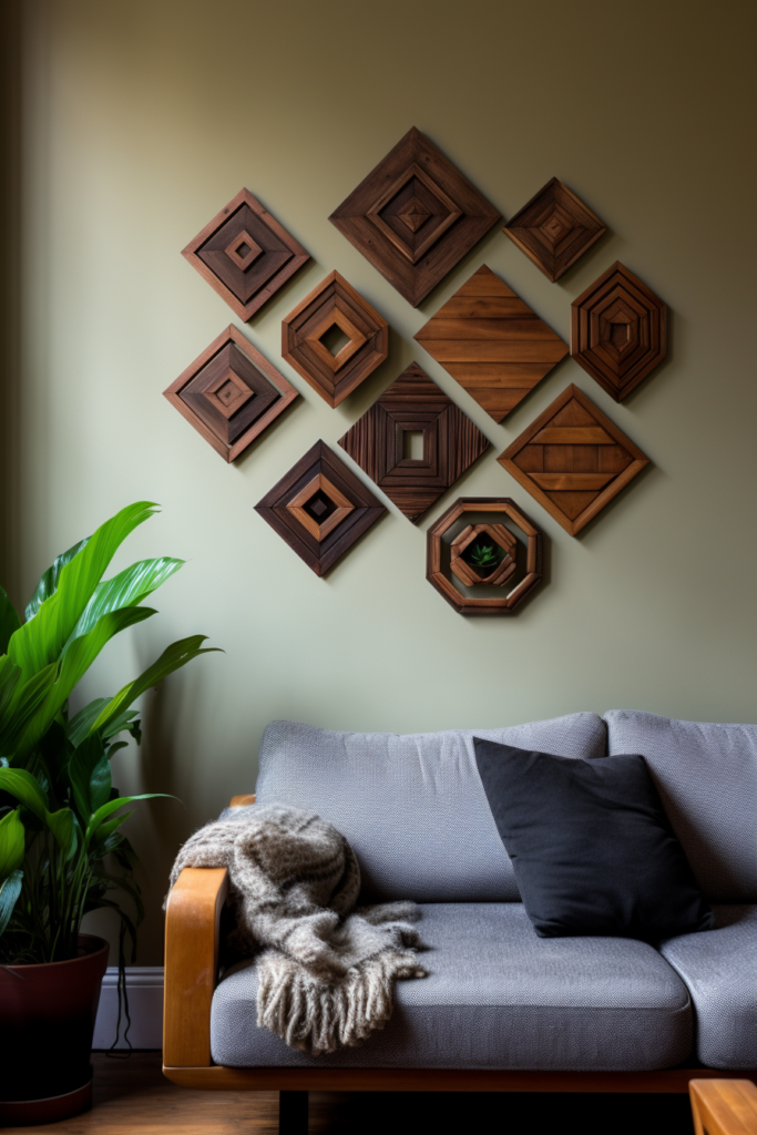 A living room with a couch and a large wood wall art.