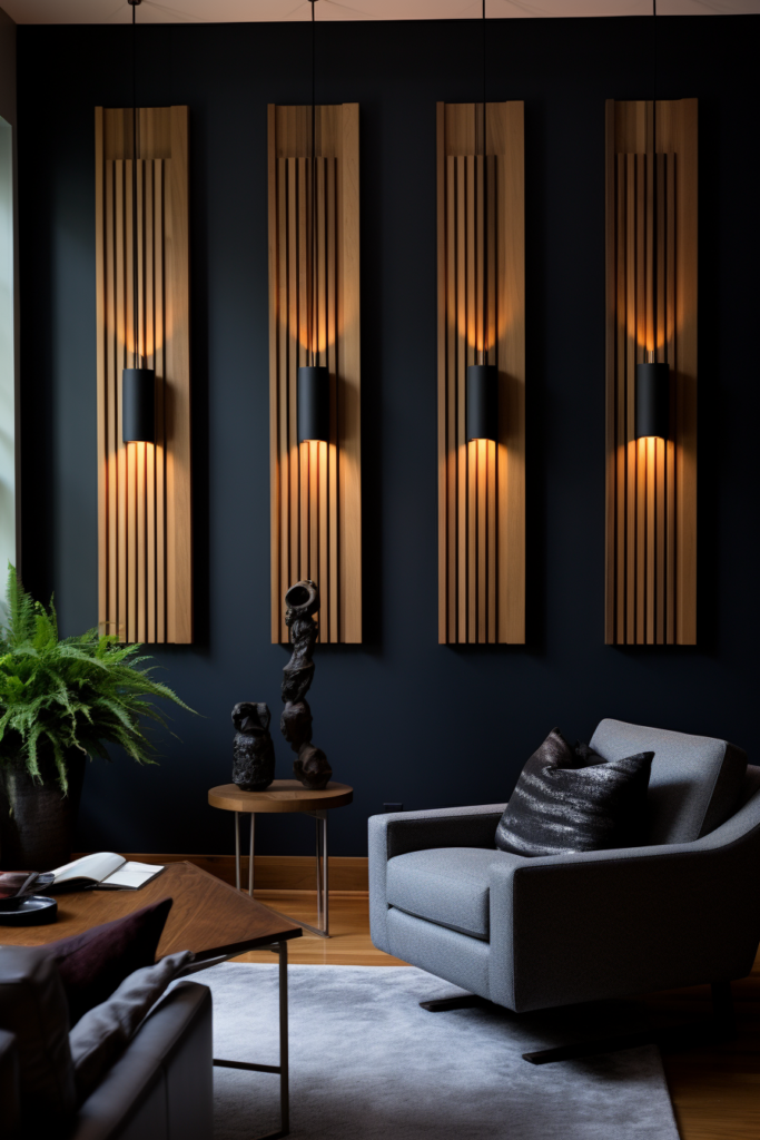 A living room with black walls and wooden wall sconces adorned with large wood wall art.