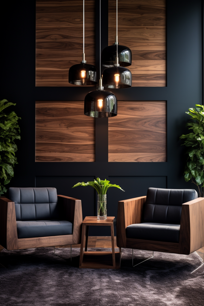 A timeless black living room with two chairs and a table, adorned with large wood wall art.