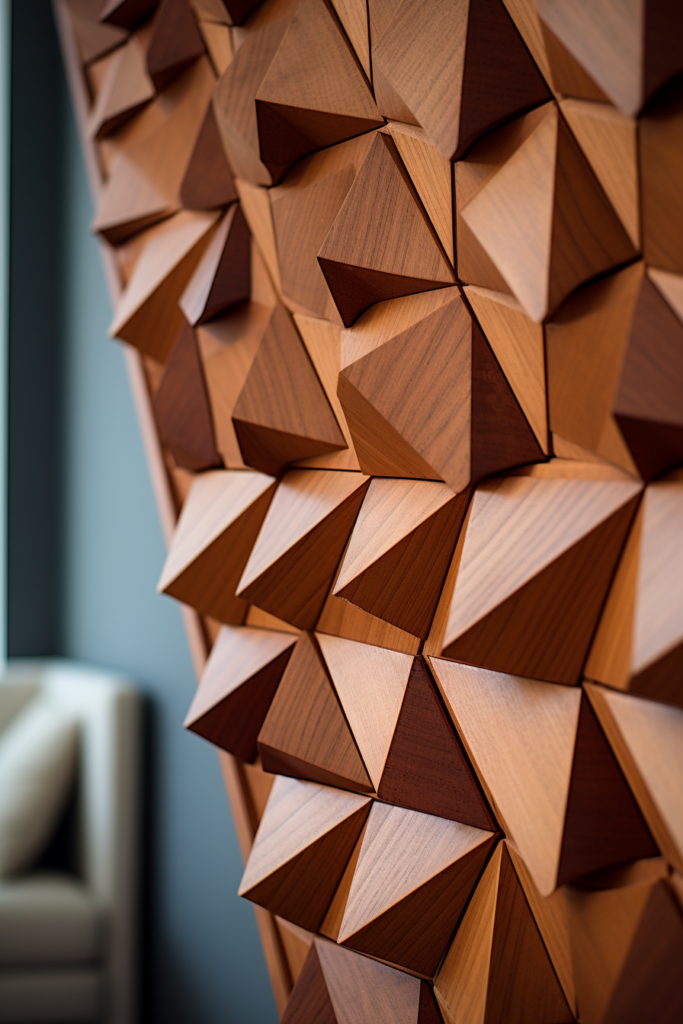 A large wood wall art adorned with triangles.