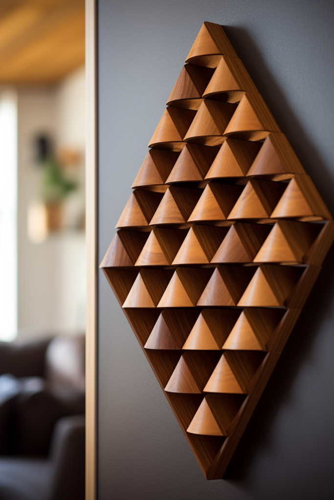 A Large Wood Wall Art triangle wall hanging in a living room.