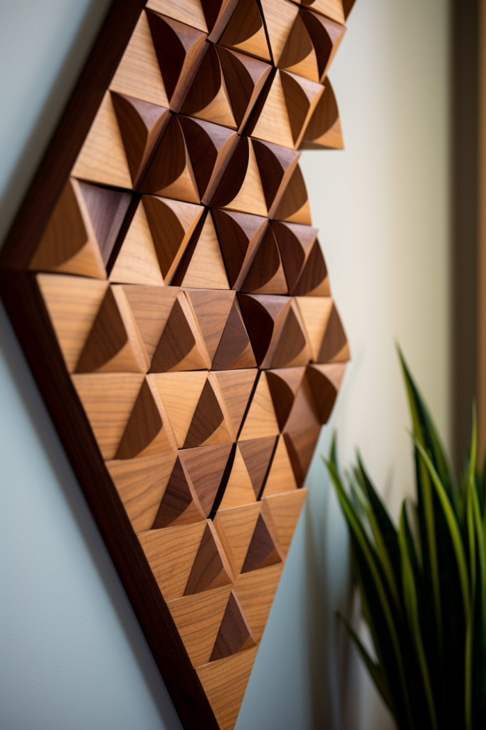 A timeless wood wall art featuring large triangles.